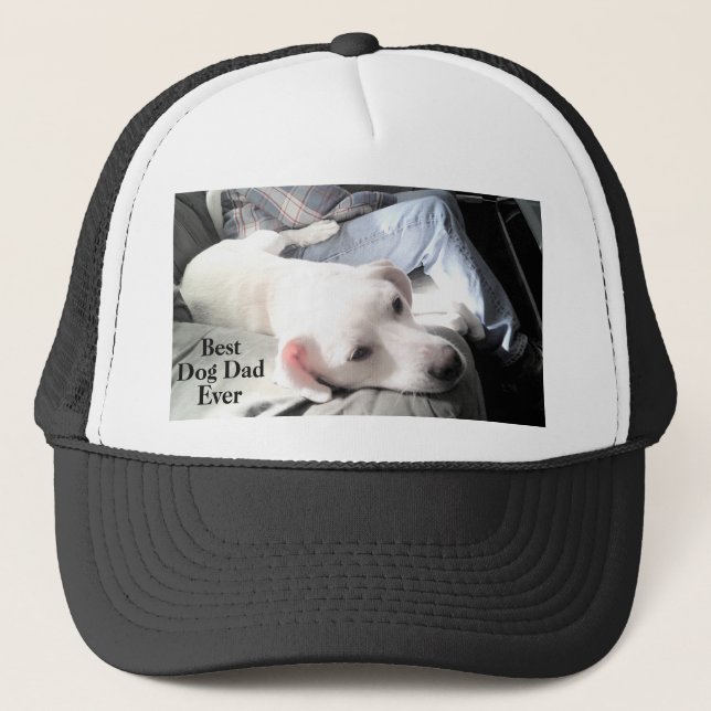 Photo of Cute White Dog Hanging Out with Dad Trucker Hat (Front)