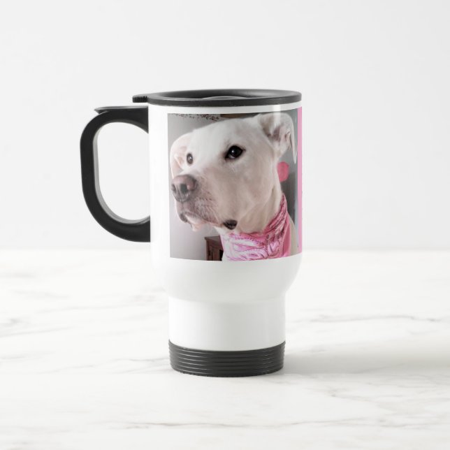 Photo of Cute White Dog Personalise With Name Pink Travel Mug (Left)