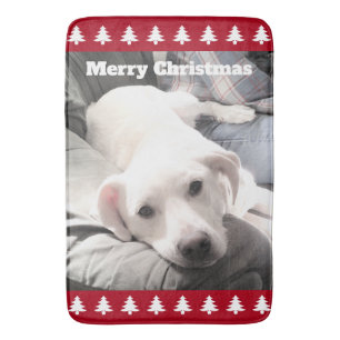 Photo of Cute White Dog Red Christmas Trees Bath M Mat