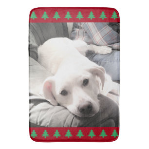 Photo of Cute White Dog Red Christmas Trees Bath Mat