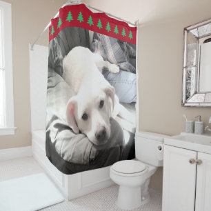 Photo of Cute White Dog Red Christmas Trees Shower Curtain