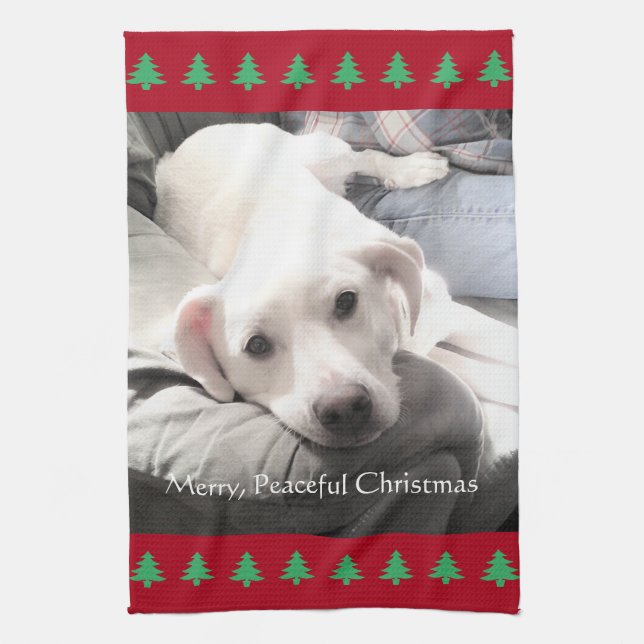 Photo of Cute White Dog Red Christmas Trees Tea Towel (Vertical)