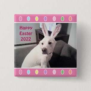 Photo of Cute White Dog Wearing Easter Bunny Ears 15 Cm Square Badge