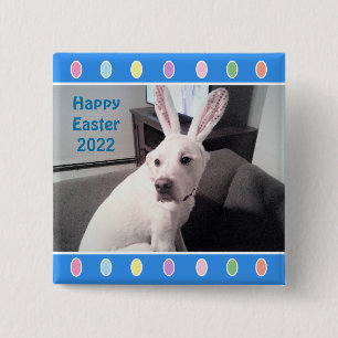 Photo of Cute White Dog Wearing Easter Bunny Ears 15 Cm Square Badge