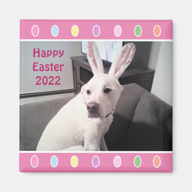 Photo of Cute White Dog Wearing Easter Bunny Ears Magnet (Front)