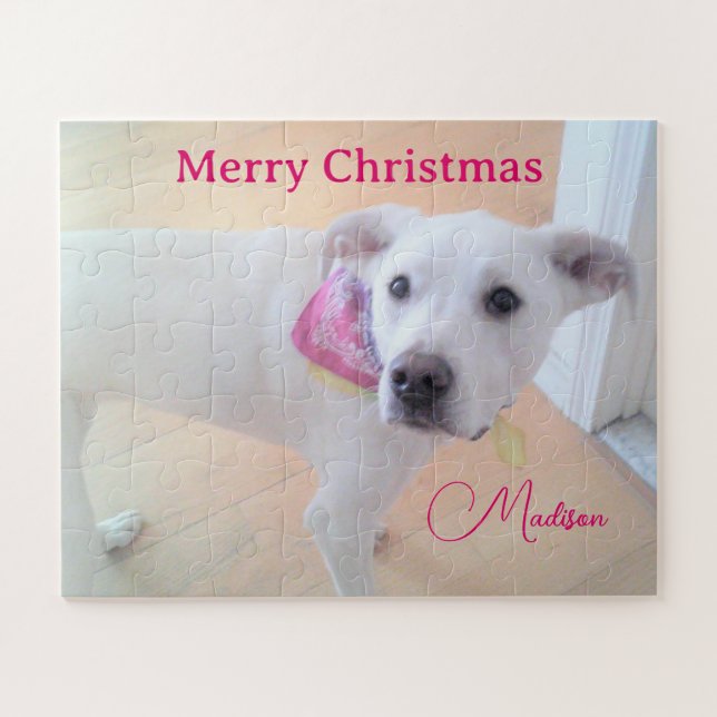Photo of Cute White Dog Wearing Scarf Custom Name Jigsaw Puzzle (Horizontal)