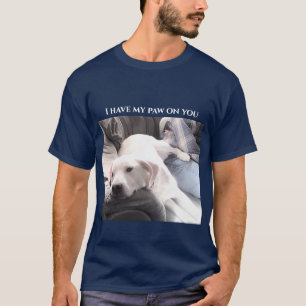 Photo of Cute White Dog With Back Paw On Dad Blue T-Shirt