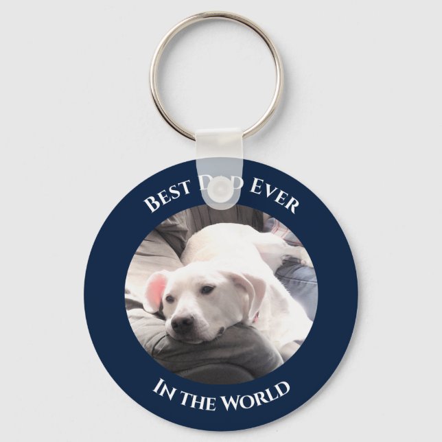 Photo of Cute White Dog With Best Friend Dad Blue Key Ring (Front)