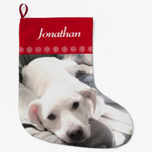 Photo of Cute White Puppy Dog Snowflakes Red Large Christmas Stocking