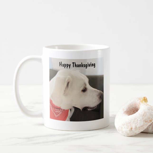  Photo of Cute White Puppy Dog Thanksgiving Coffee Mug (With Donut)