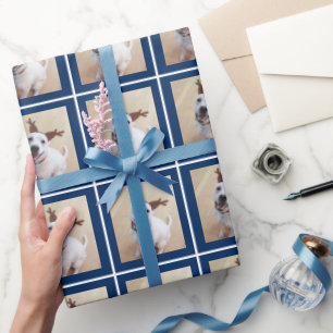 Photo of Cute White Reindeer Puppy Dog Blue Wrapping Paper