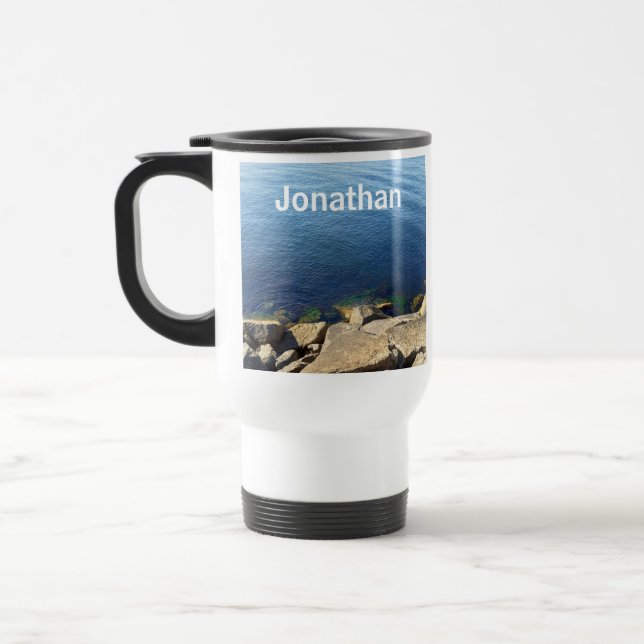 Photo of Deep Blue Atlantic Ocean Rocky Cliff Name Travel Mug (Left)