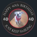 Photo of Dog Grinning Birthday 40 Black and Red Classic Round Sticker<br><div class="desc">This funny and adorable sticker features Olive,  a sweet and beautiful Labrador mix who smiles every day and doesn't care how old she is.</div>