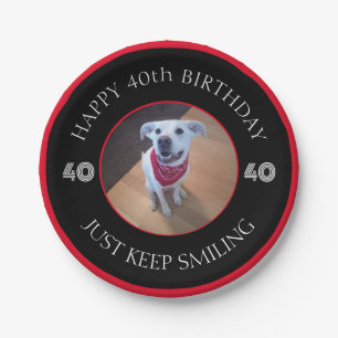 Photo of Dog Grinning Birthday 40 Black and Red Paper Plate