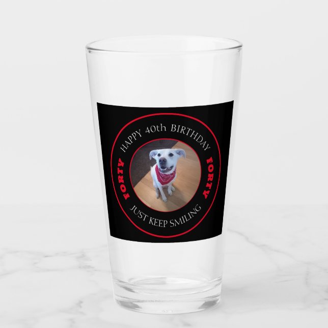 Photo of Dog Smiling Birthday 40 Black and Red Glass (Front)