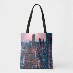 PHOTO OF HIGH-RISE BUILDINGS WITH BLUE AND PINK SK TOTE BAG