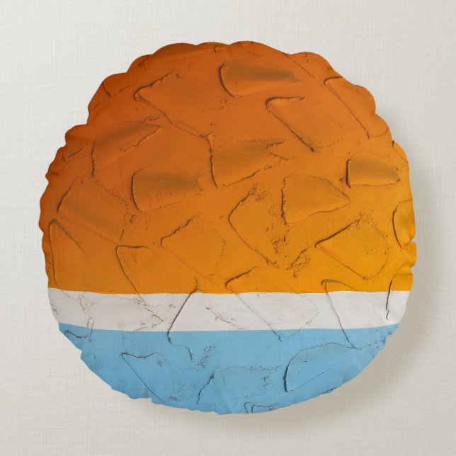 Photo of orange, white, and blue artwork round cushion (Front)