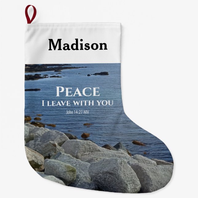 Photo of Peaceful Blue Atlantic Ocean Bible Verse Large Christmas Stocking (Front)