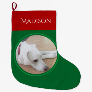 Photo of Peaceful White Dog with Red Collar Large Christmas Stocking