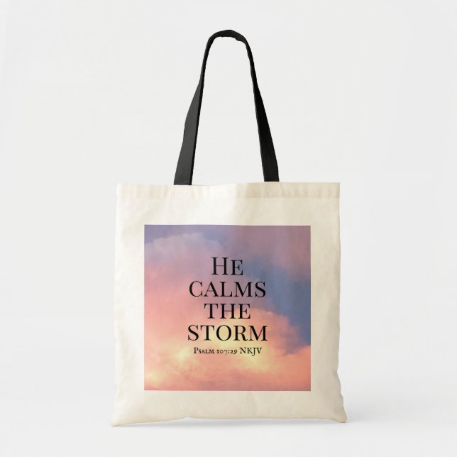Photo of Pink Sky He Calms the Storm Bible Verse Tote Bag (Front)