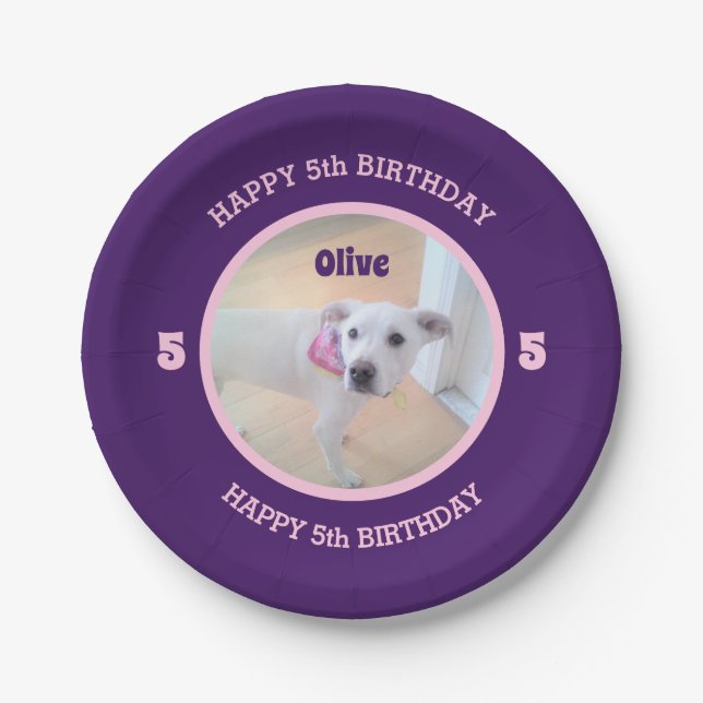 Photo of Puppy Dog Purple and Pink Birthday 5 Paper Plate (Front)