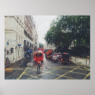 PHOTO OF RED BUS ON STREET FROM WINDOW POSTER