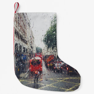 PHOTO OF RED BUS ON STREET FROM WINDOW SMALL CHRISTMAS STOCKING