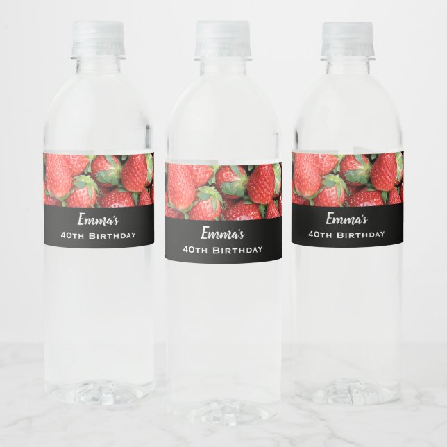 Photo of Red Juicy Strawberries Birthday Water Bottle Label (Bottles)