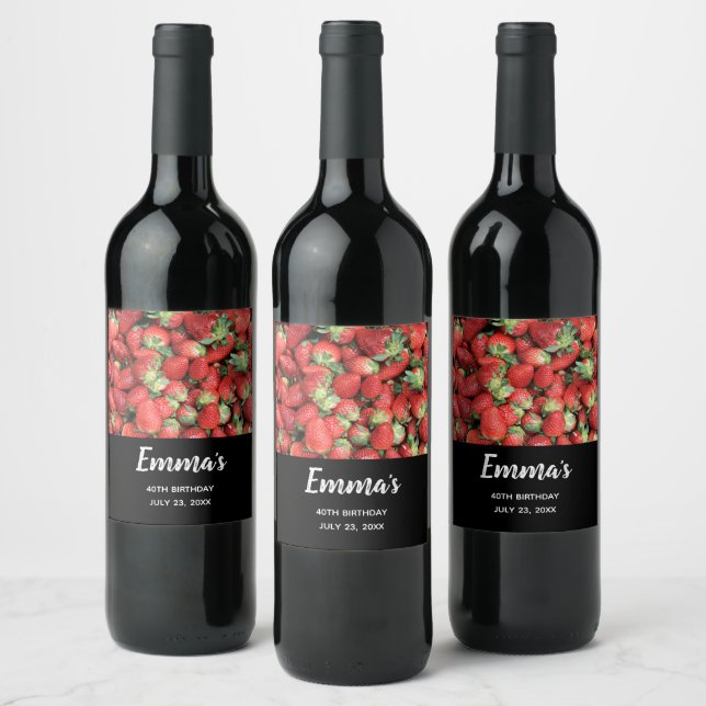 Photo of Red Juicy Strawberries Birthday Wine Label (Bottles)