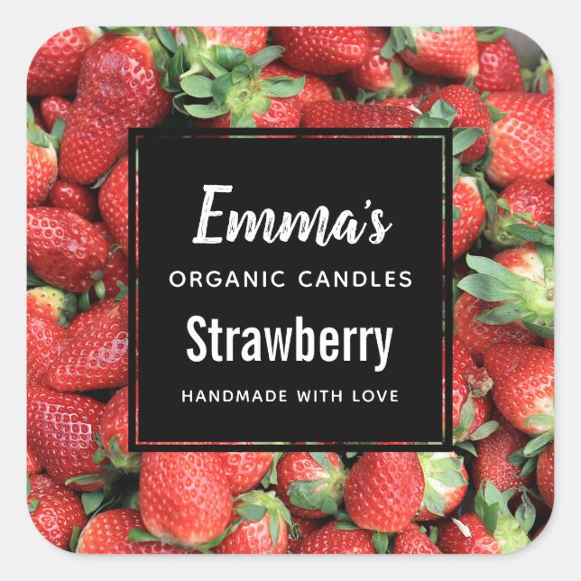 Photo of Red Juicy Strawberries Candle Business Square Sticker (Front)