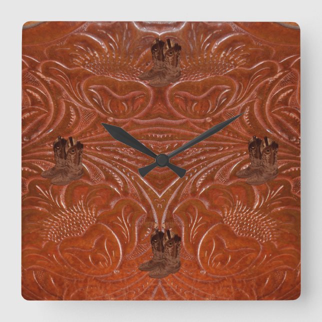Photo of Rustic Tooled Leather-Look & Cowboy Boots Square Wall Clock (Front)