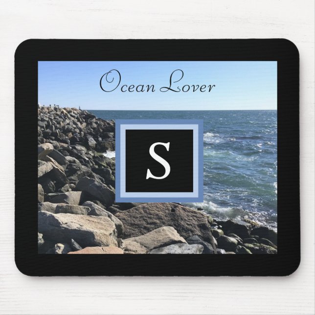 Photo of Sea Waves and Rocks Initial Frame Black Mouse Mat (Front)
