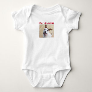 Photo of Smiling Dog Wearing Reindeer Antlers  Baby Bodysuit