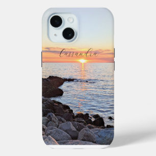 Photo of Sun and Ocean Golden Sunset Name iPhone 15 Case