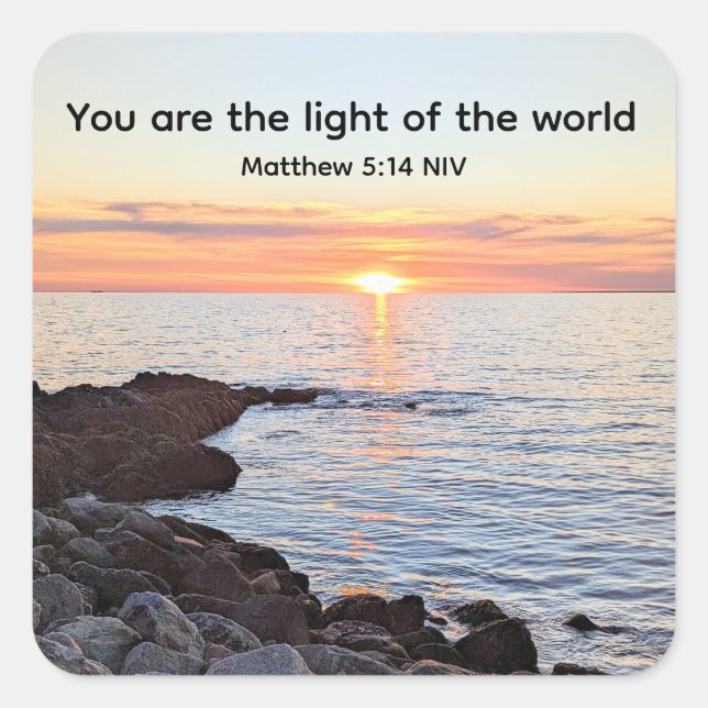 Photo of Sunset and Ocean Bible Verse Christian Square Sticker (Front)