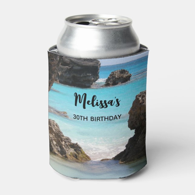 Photo of Tropical Island Coast & Sea Birthday Can Cooler (Can Front)