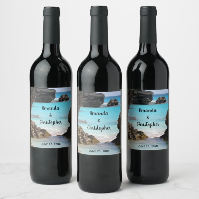 Photo of Tropical Island Coast & Sea Wedding Wine Label (Bottles)