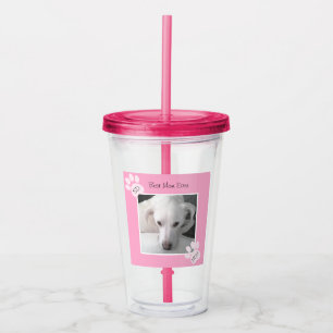 Photo of Unique Cute White Dog Monogram Pink Paws Acrylic Tumbler
