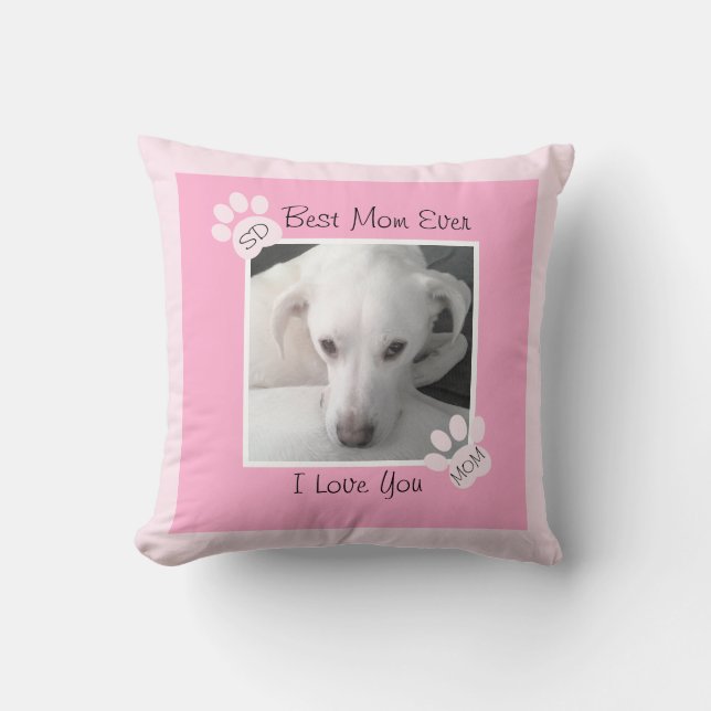 Photo of Unique Cute White Dog Monogram Pink Paws Cushion (Front)