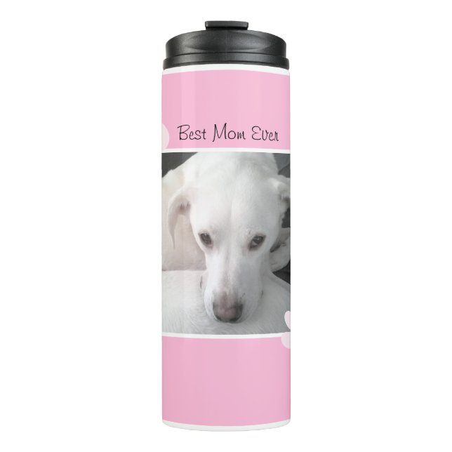 Photo of Unique Cute White Dog Monogram Pink Paws Thermal Tumbler (Front)