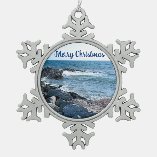 Photo of Wavy Atlantic Ocean Blue Snowflake Pewter Christmas Ornament (Front)