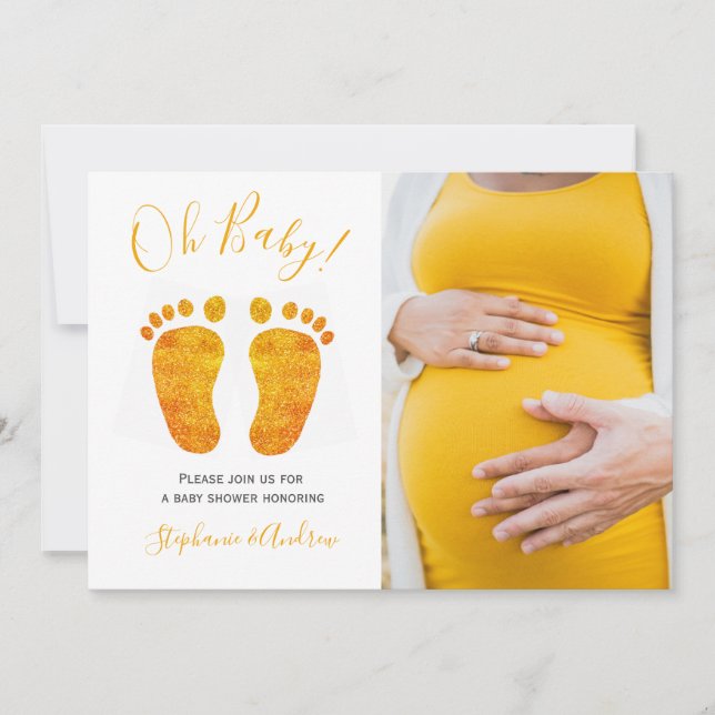  Photo Oh Baby Gold Feet Couple's Baby Shower Invitation (Front)