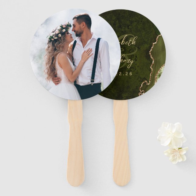 Photo Olive Green Gold Agate Script Wedding Hand Fan (Front and Back)