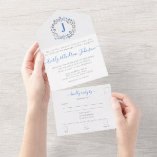 Photo on Back Blue Peony Wreath Simple Modern All  In One Invitation