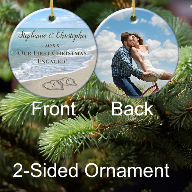 Photo On Back First Christmas Engaged Beach Hearts Ceramic Tree Decoration (beach wedding engagement photo engaged christmas ornament)
