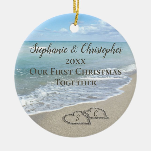 Photo on Back First Christmas Together Beach Ceramic Tree Decoration (Front)