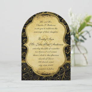 Photo on Back Gold Damask Swirl Wedding Invitation