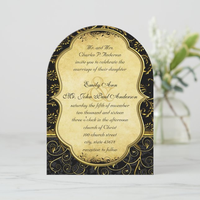 Photo on Back Gold Damask Swirl Wedding Invitation (Standing Front)