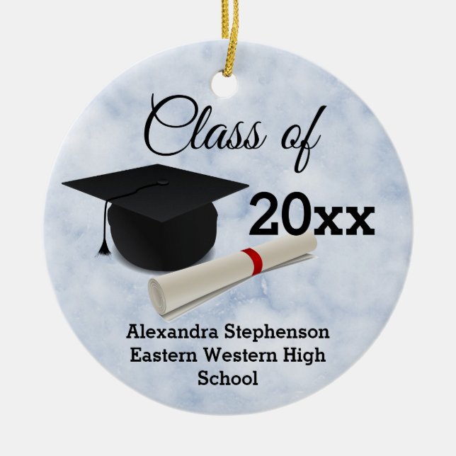 Photo on Back Graduation Cap Diploma Blue Marble Ceramic Tree Decoration (Front)