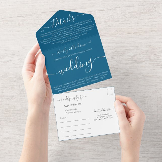 Photo on Back Simple Modern Mykonos Blue Wedding All In One Invitation (Tearaway)